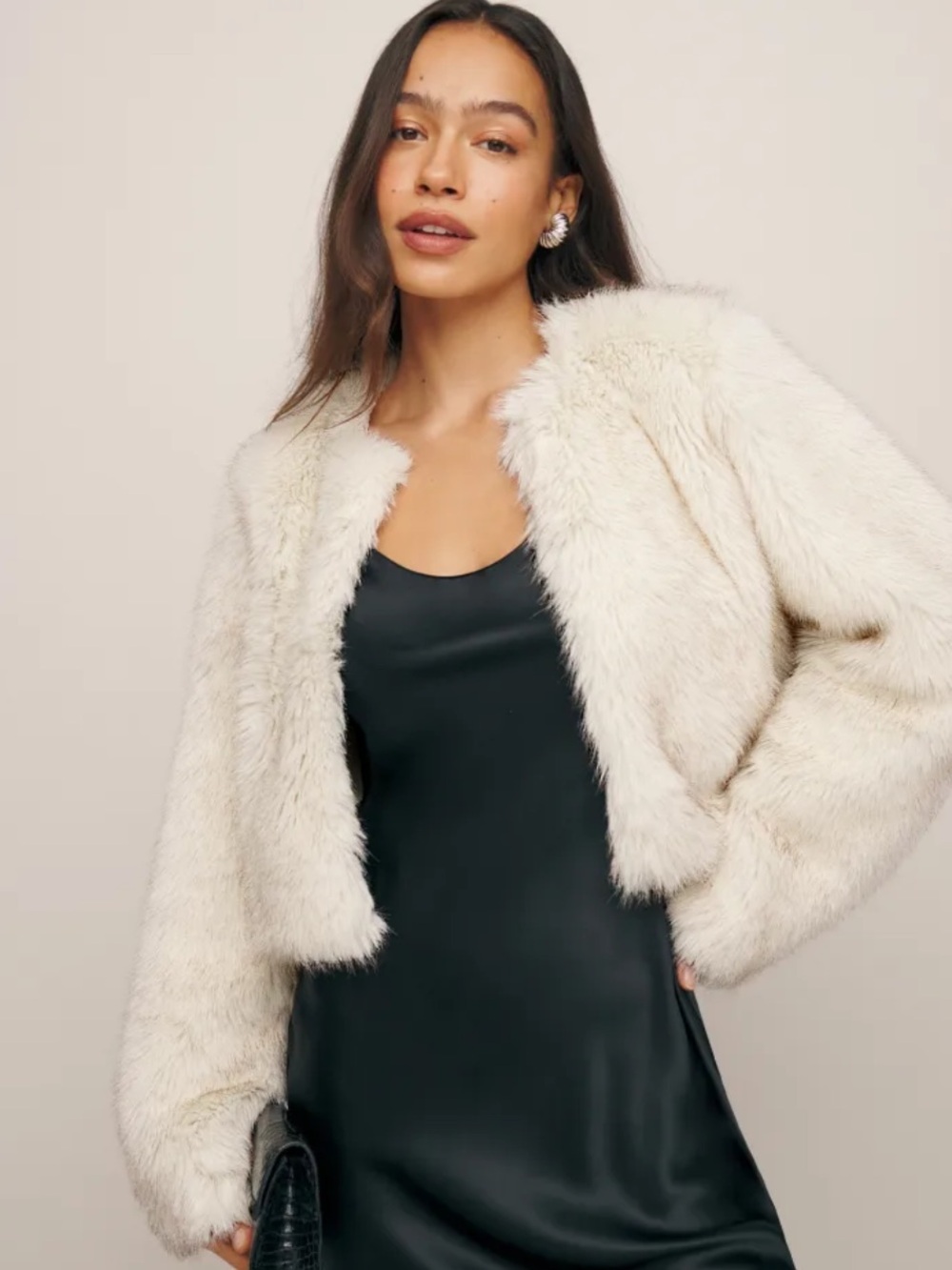 Reformation Paddy Cropped Faux Fur Jacket Cream Size S